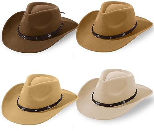 Mumufy 4 Pcs Classic Western Cowboy Hat Men Felt Wide Brim Hats Women Belt Buckle Cap for Adults(Coffee, Camel, Khaki, Beige)