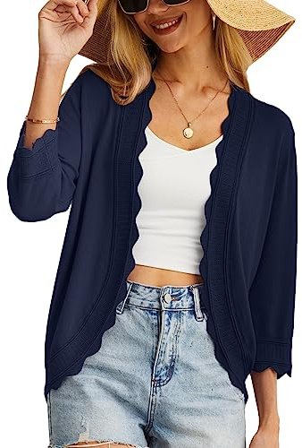 GRECERELLE Gilet Femme Ete Chic et Elegant en Dentelle Ouvert Manches Tricote Leger (Bleu Marin, L)