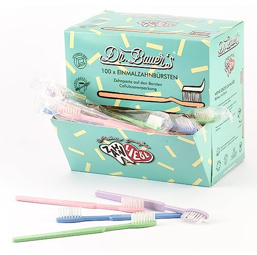 Dr. Bauer's Engångstandborstar med tandkräm – 100-pack – miljövänlig resetandborste med sugrör – för tandläkare, hotell, camping – dispenser i lila/grön/blå/röd