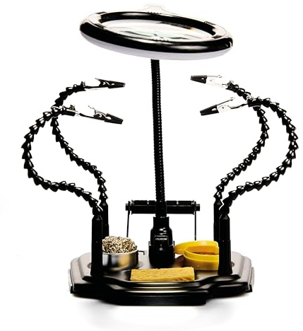 McPower Dritte Hand LED Luppe | 11M | Löthilfe 4 Schwanenhals Arme, Platinenhalter Klemmen, helfende Hände Lötzinnhalter, Schwamm Flussmittel für elektronische Reparatur Lötung
