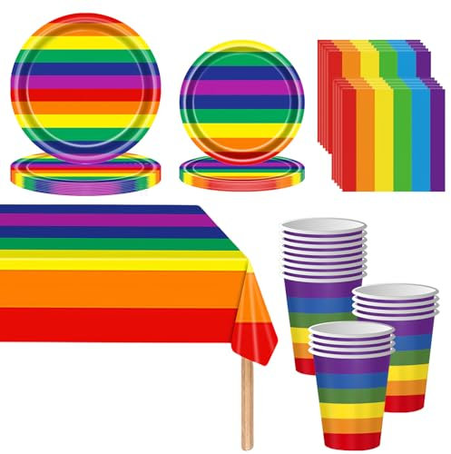 69PCS Rainbow Party Tableware Set - Rainbow Dinnerware Kit for Kids Birthday Parties - Includes Plates, Napkins, Cups and Tablecloth - Coloured LGBTQ Pride Party Supplies