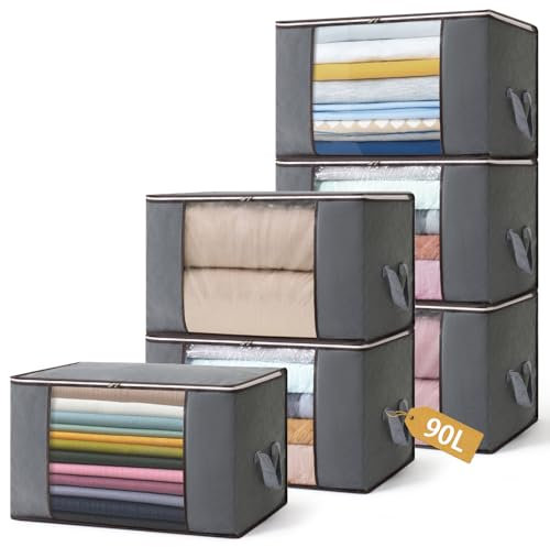 Boic 6 Pack 90L Clothes Storage Bag, Storage Bags With Zips, Foldable Clothes Organiser With Reinforced Handles Large Storage Boxes With Lids For Clothes, Blankets, Bedding With Clear Window(Gray)