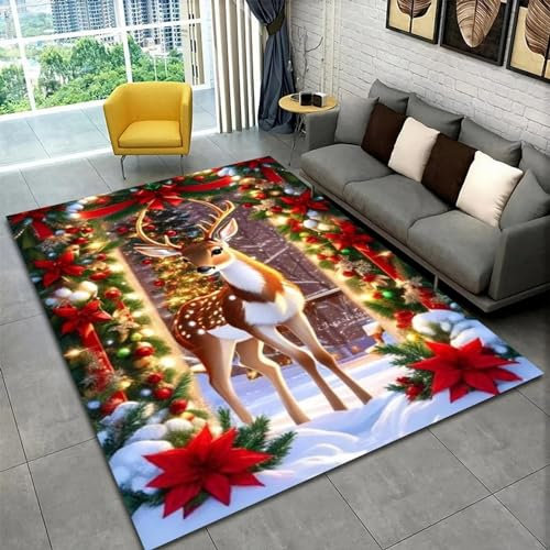 Kind Teppich 80 X 120 cm, Schlafzimmer Teppich, 3D Teppiche Wohnzimmer Teppiche Weich rutschfest Teppich Für Wohnzimmer Schlafzimmer Bettvorleger Weihnachtstier Elch -8M6T9M9T6X3A1