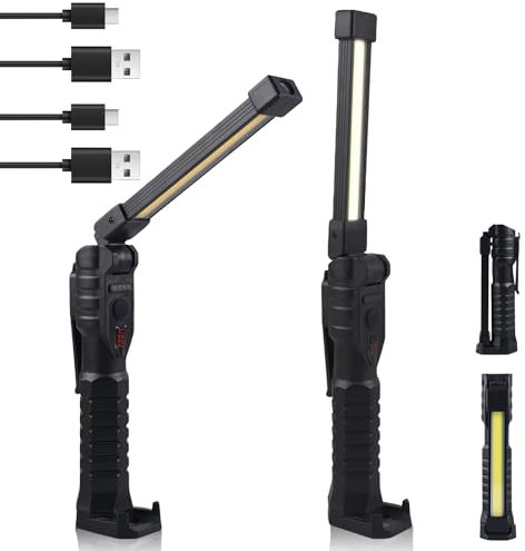 2 Lampade da Lavoro LED Ricaricabili, 7 Modalità COB Con Gancio Magnetico per Riparazione Auto, Officina, Campeggio