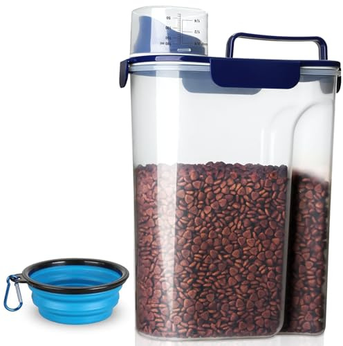 TIOVERY Dog Food Storage Container, 5-7 Lbs Airtight Pet Food Container, Cat food Container Dispenser with Portable Handle, Pouring Spout and a Collapsible bowl for Dogs Cats Navy Blue/6Qt