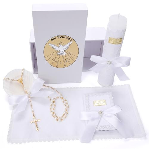 Baptism Candle Set for Boys and Girls,5 PCS Baptism Kit Catholic Candle,Baptismal Shell,Towel,Rosary,Bible for Baby Dedication Christening Gift,Velas para Primera Comunión De Niño Bautizo De Niña