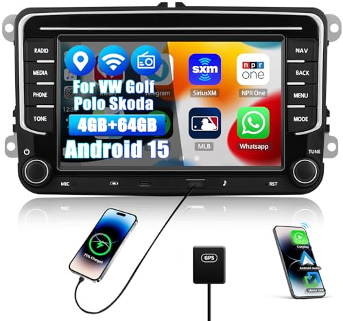 CAMECHO 4G+64G Android 15 Autoradio für VW Golf 5 Polo Skoda mit Navi Wireless Carplay,VW Radio mit 7 Zoll Doppel Din Touch Display mit Mirror Link FM/RDS/Type-C/SWC/Bluetooth 5.0/32EQ/DSP+Canbus