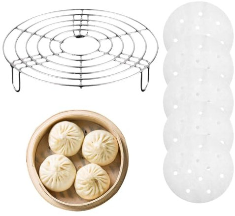 20.5 cm Kochständer und 50 Stück Dampfer Papier,Edelstahl Runde Steamer Rack,Topfständer aus Edelstahl,Edelstahl Einlegerost Kochständer,Grillrost Mikrowelle,Dünsteinsatz für Töpfe,Rund Dämpfen Rack