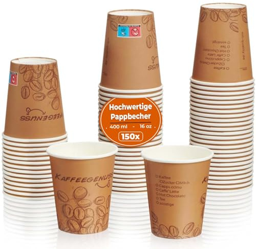 MH QUALITY Kaffeebecher To Go 400ml / 16 Oz - 150 Stück Premium Einweg Pappbecher für Kaffee | Hochwertige Coffee To Go Becher