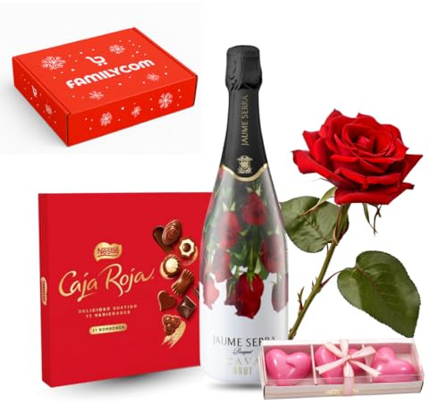 Familycom Cesta regalo Dia de la madre, Chocolates y bombones Nestle Caja Roja para regalar, Rosa roja, Regalos originales para parejas, Cava y Velas corazon