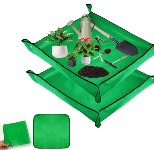 Umtopfmatte, 2 Stück, 100 x 100 cm, Grün, Pflanzschale, große wasserdichte Pflanzen-Eintopf-/Gartenmatte, wiederverwendbare Umpflanzmatte für den Innen- und Außenbereich, ideal für Hausgärtner und