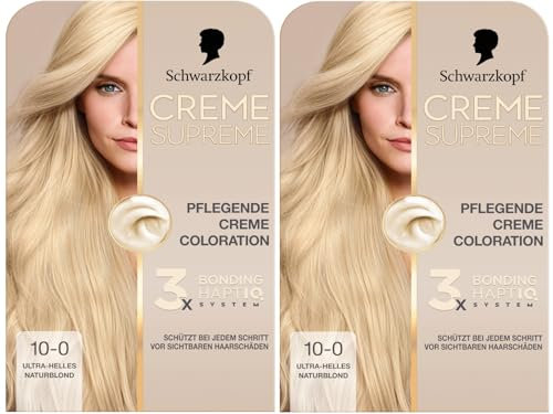 Schwarzkopf Creme Supreme Coloration 10-0 Ultra-Helles Naturblond (2x 182 ml), dauerhafte Haarfarbe mit Serum und Haar-Maske schützt vor sichtbaren Haarschäden, für 100% Grauabdeckung