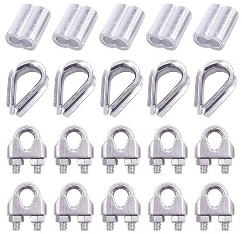 PZOFERLIN Colliers de Serrage pour câbles métalliques Lot de 24 Serre-câbles en Fil métallique 304 avec cosse et Bague de sertissage en Aluminium for Serre-câbles de 8 mm