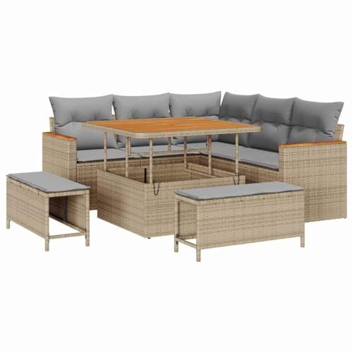 vidaXL Trädgårdsoffset 8 pcs Beige konstrotting, Trädgård och Terrass, Modernt Utemöbelset, Rattansoffor, Akaciabord, Avtagbara Kuddar, Soffa för Uteplats