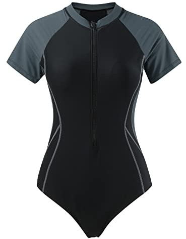 Generico Costume Intero Donna Senza Spalline Piscina Costume da Bagno da Donna Boyshort Manica Corta Rashguard Linea di Contrasto Snorkel Tuta Bagno Sportivo Costumi Mare Interi (Black,S)