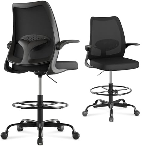 BERYTH Drafting Chair,Tall Office Chair with Adjustable Footrest Ring,Lumbar Support,Ergonomic High Desk Seat,Flip-Up Armrests,Breathable Mesh Standing Stool for Home Office,Black