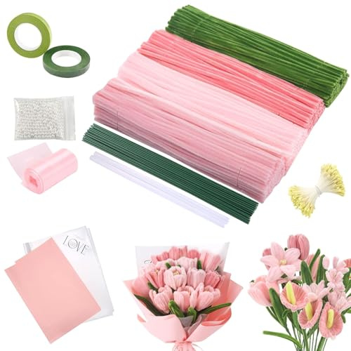 Pipe Cleaners Craft Set for Tulip Bouquets -400 Pcs Colourful in 4 Colours, Stems with Flower Stems, Stamens, Floral Tape & Ribbon for DIY Flowers, Handmade Gifts, Holiday and Home Decorations