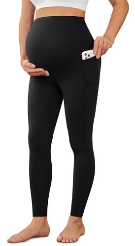 VALANDY Creamlush moderskap leggings över stötar med fickor – mjuk yoga träning gravida byxor, 1-pack – svart, L