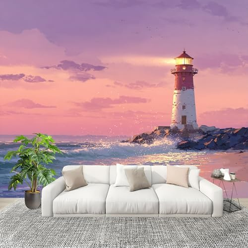 3D Tapete - VerträUmter Leuchtturm Am Meer Vliestapete - Fototapete 3d Effekt Wandgemälde Rosa - Tapete für Wohnzimmer Schlafzimmer Wandtapete - Nicht selbstklebend 200x140 cm