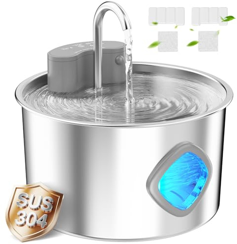 Salxmem Wireless Stainless Steel Cat Water Fountain for Drinking, 108oz/3.2l Pet Water Fountain Cat Bowl, Ultra-Quiet Cat Water Dispenser with Motion Sensor, 2 Filters, 2 Sponges for Cats & Small Dog