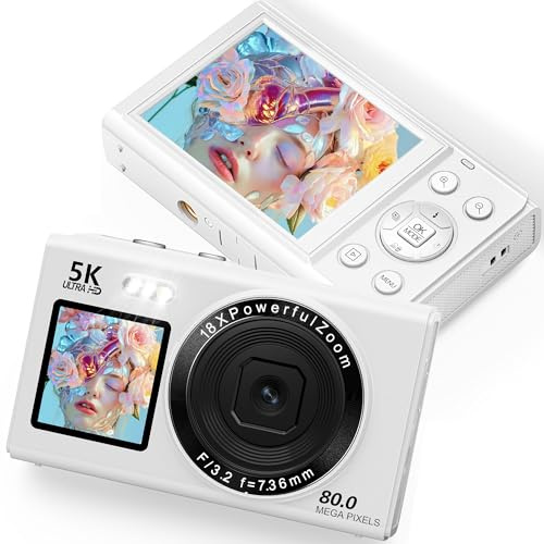 Cámara Digital 5K 80MP Cámara Digital Compacta y Portátil con Pantalla LCD de 2,4 y Pantalla Selfie de 1,5, Zoom Digital 18X Tarjeta SD 32G para Adultos y Principiantes, Niños Regalo Blanco