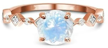 Ayoiow Goldring Damen 585 Echtgold, Mondstein und Diamant Solitär Vorsteckring 585, 14 Karat Roségold Größe 60 (19.1)