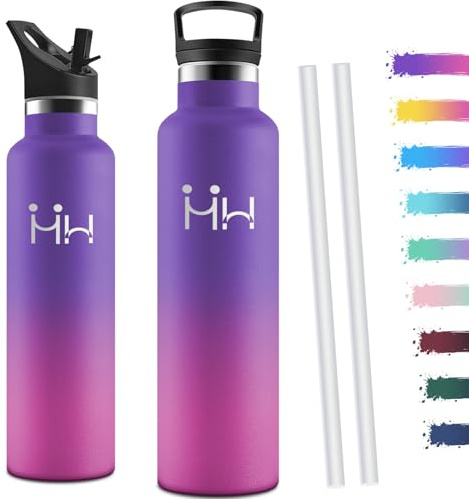 Motswedi Gourde Isotherme 1l, avec Paille, Bouteille Isotherme, Anti-Fuite, Thermos, Poignée de Transport, Gourde Inox, Réutilisable, Thermos 1l pour Voyage, Camping, Sport, Gym, Violet Foncé & Rose