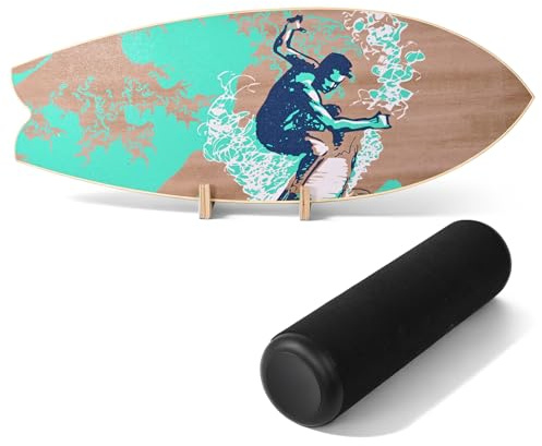 Tabla de equilibrio con rodillo de corcho de 33 cm, 75 x 28 cm, tabla de equilibrio de madera, con tope y soporte, para interior y exterior, entrenamiento de núcleo para surf, esquí y yoga, máx. 150