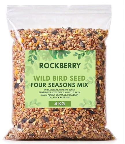 RockBerry Bird Food Four Seasons Mix for Wild Birds, Wheat, Cut Maize, Red Dari and Black Sunflower Seeds, Blended in the UK (4 KG)