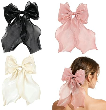 Big Bow Hair Clip, Girls Hair Bows for Girls, Beige, Pink and Black 3 Pcs | Silky Yarn Bows with Spring Clips, Coordinated Beige, Pink, and Black Set, Suitable for School and Wedding Hairstyles
