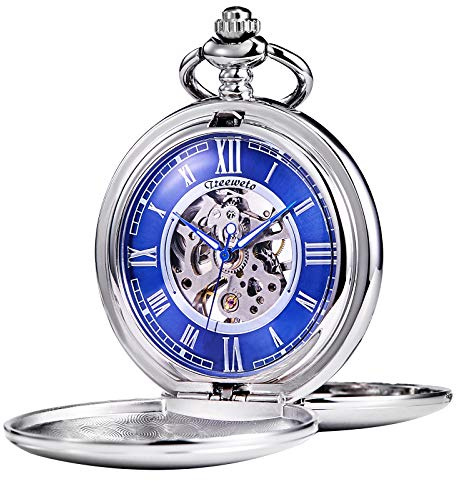 TREEWETO Montre de Poche Argent Homme Steampunk avec Chaîne Mécanique Squelette Boîte Cadeau Double Hunter avec Chaîne Boîte Cadeau