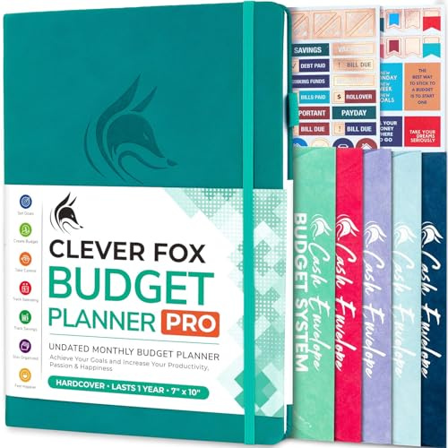 Clever Fox Budget Planner Pro with Cash Budgeting Envelopes, Turquoise | Undated 18x25cm financial binder book, household expense management & money saving, bill organizer, finance tracker notebook