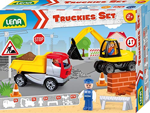 Lena 01631 - Truckies Set Baustelle 23 teilig, Inhalt: Muldenkipper LKW ca. 22 cm, Bagger ca, 25 cm, 3 Spielfiguren und 17 Verkehrsschilder & Pylone, Baufahrzeuge & Figuren für Kinder ab 2 Jahren