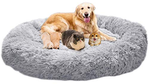 LINRUI XXL Waschbar Hundebett Hundesofa Orthopädisches Antistress Hundekissen Flauschiges für Extra große Grosse Mittlere Hunde Donut Hundehöhle XL Rund Kuschelig Memory Foam Oval Hoch Grau