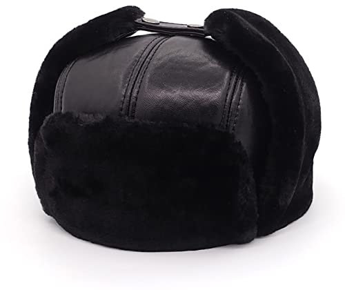 WHSPORT Unisex Fliegermütze Winter Mütze Warme Pilotenmütze Leder Wintermütze Ohrenschützer Bomber Hut Trappermütze (Color : Black, Size : 57-58)