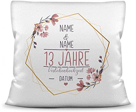 Tassendruck Kissen Hochzeitstag Veilchen Hochzeit - mit Name & Datum selbst gestalten - 13 Jahre Ehe, Geschenk Hochzeit, Jubiläum, Jahrestag - Kissen Weiß flauschig, 40x40 cm I Personalisiert