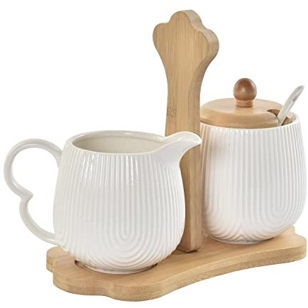 Sarero y Azucarero de Porcelana Blanco con Tapa de Madera Estilo Nordico