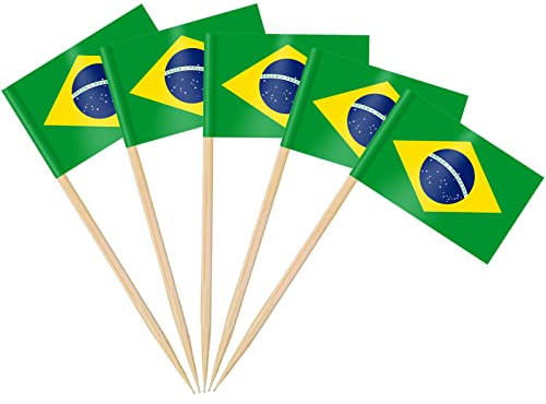 AhfuLife Palillos con Banderas de Brasil, 100 Piezas Banderas de Palillos de Dientes de Brasil para Decoraciones de Eurocopa, Cóctel, Sándwiches, Pastelería, Pastel, Frutas, Fiesta, Cupcakes