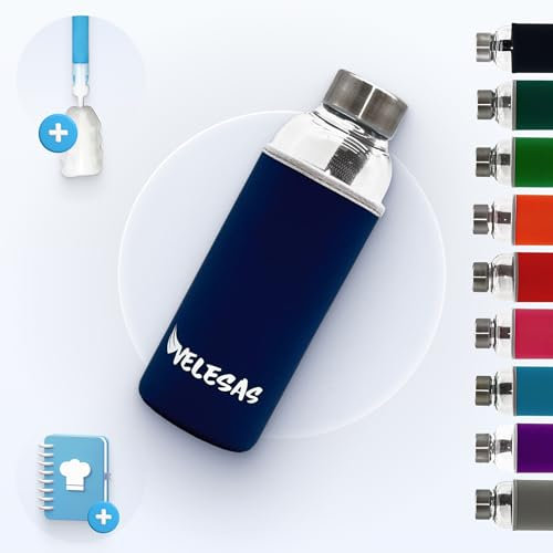 Velesas® Trinkflasche 1l | 500ml mit Schutzhülle | Glasflasche 500ml spülmaschinenfest mit Neoprenhülle und Edelstahldeckel | Wasserflasche für Schule, Arbeit, Fitnesssport, BPA-Frei Blau