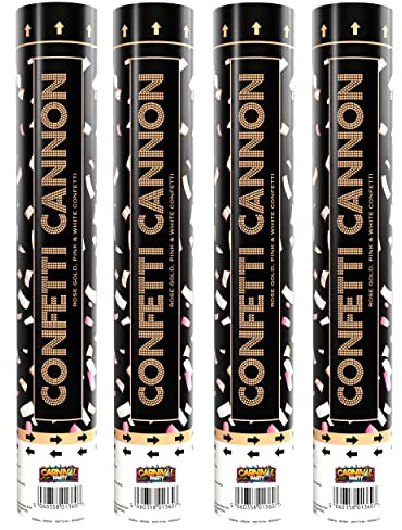 Carnival Party - Pink, Rose Gold and White Gender Reveal Confetti Cannon - 30cm Cannon Poppers for Girl Gender Reveal - Celebrations, Parties & Wedding Cannons - Pack of 4