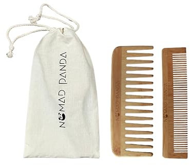 NomadPanda Set Pettine Bamboo: 1 Denti Larghi, 1 Denti Fini, Pochette in Cotone per Capelli Ricci, Pettine Donna e Uomo, Prodotti per Capelli e Viaggio