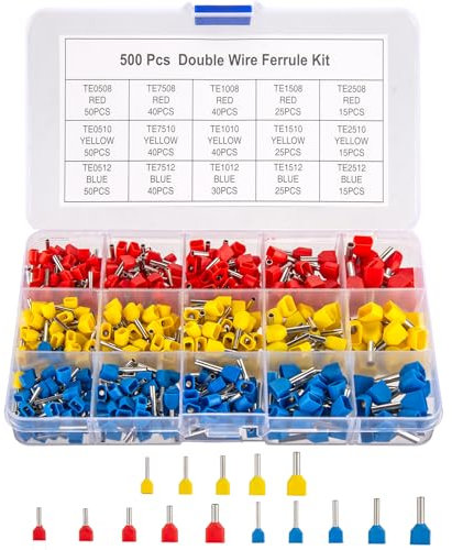 KOXXIAMOQ 500 Pièces Assortiment d'Embouts de Câblage Isolés, Ensemble de Twin Embouts de Câblage, Manchons de Câbles, Manchons Isolés pour les Bricoleurs, 0,5-0,75-1,0-2,5 mm², Code de Couleur DIN