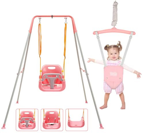 FUNLIO 2-in-1 Schaukeln Set und Baby Türhopser für Kleinkinder, Schaukelset für Kinder mit 4 Sandsäcken, Faltbarer Metallständer für drinnen und draußen, einfach zu montieren und aufzubewahren - Rosa