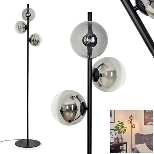Stehleuchte Remaisnil, moderne Stehlampe aus Metall/Glas in Schwarz/Rauchglas/Klar, Standleuchte mit Schirmen aus Glas (Ø 15 cm), mit Fußschalter am Kabel, 3 x G9, ohne Leuchtmittel