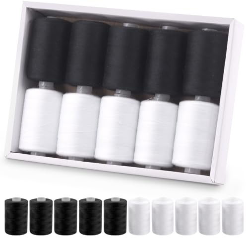 Rustark 10 Stück 1000m Schwarz und Weiß Polyester Nähfäden Set Polyester Stickgarn Maschine Faden Hand Nähfaden Sortiment für Nähen, Sticken, Handnähen