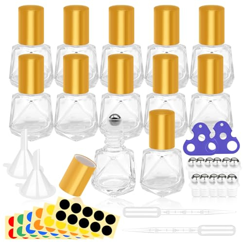 Yauhar 12Pcs 8ml/0.27oz Travel Essential Oil Roll On Bottle with Stainless Steel Ball Gold Cap Set Contains Polygonal Clear Glass Roller Bottle, Openers, Droppers, Funnels and Labels
