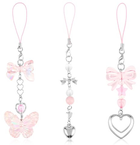 Hariendny 3 Stück Niedliche Y2K Handy Anhänger, Rosa Schmetterling und Herzform, Dekoration für Handytasche, Geldbörse, Rucksack, Kamera