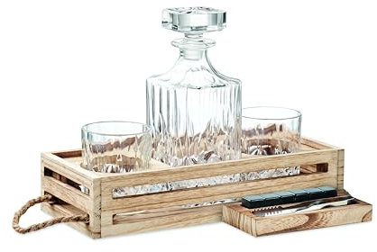 noTrash2003 Set à Whisky avec Carafe en Verre véritable de 700 ML, 2 Verres à Whisky (300 ML), 6 glaçons réutilisables en Pierre, Pinces à Glace dans Un élégant Plateau en Bois, 100-6021