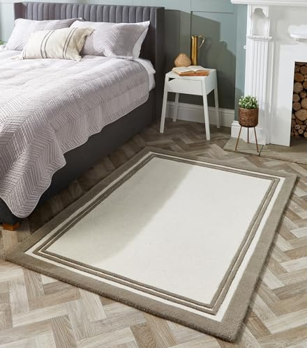 Lord of Rugs Hand Tufted Luxe Framed Pure Wool Rug for Living Room Bedroom Carpet Bordered Plain Quality Modern Cream Rug with Taupe Border, 80 x 150 cm (2'6x5'0)