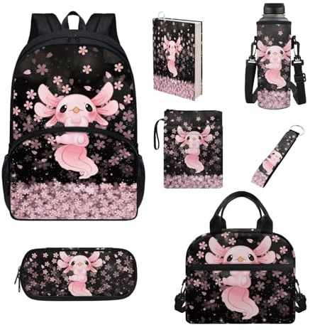 Belidome Rucksack-Set, 7-teilig, für Teenager, Kinder, Jungen, Mädchen, Schule, Büchertasche und Lunchtasche, Federmäppchen, Wasserflaschenhalter, Kirschblüte Axolotl, Einheitsgröße, Schulranzen-Set